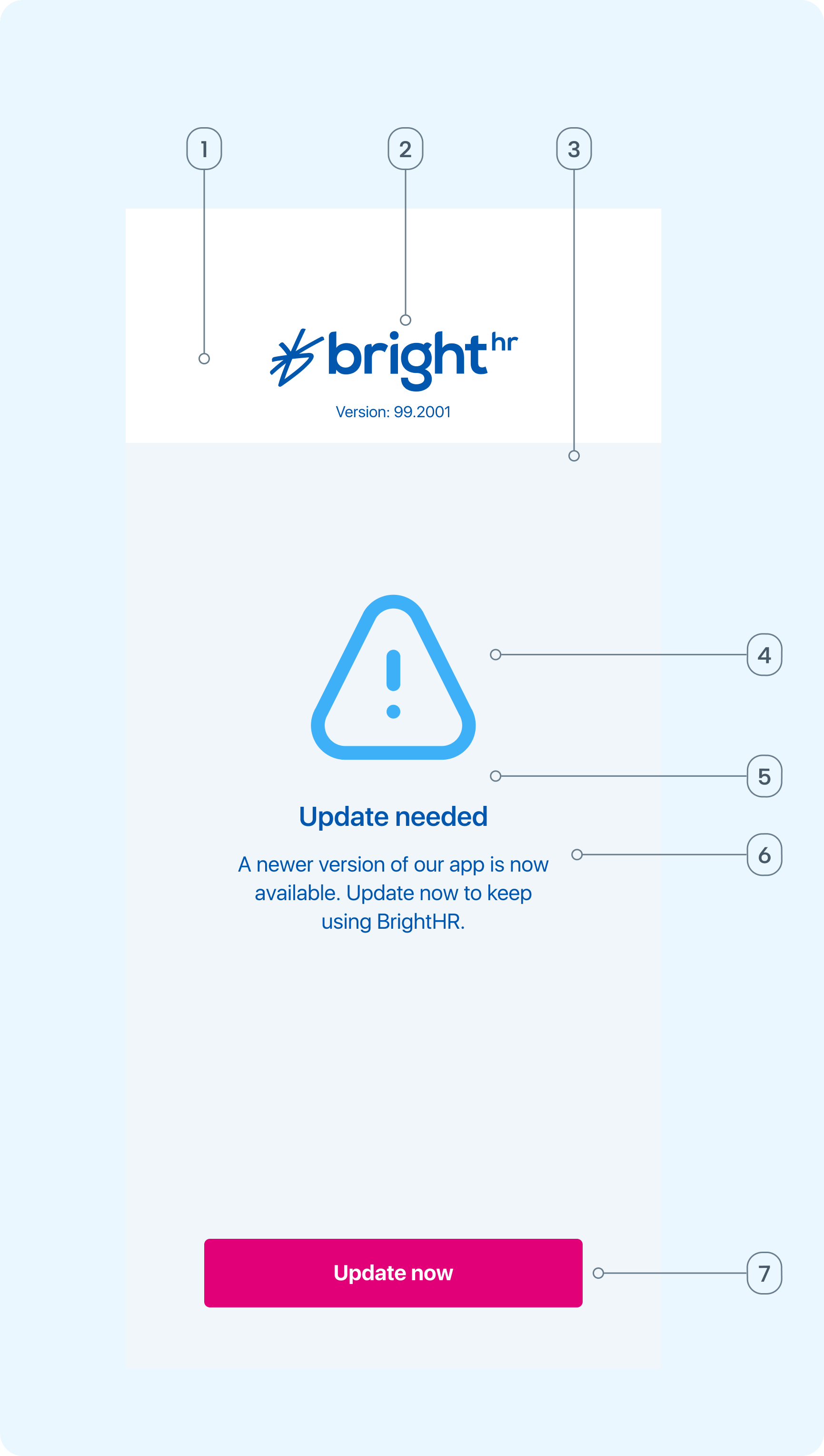 image of the force update screen with blue warning icon centred in the screen with a title to explain update needed. Subtext under the title and icon indicates why the app needs updating. The top of the screen has a white banner with Brighthr logo in branding blue and the bottom centre has a main call to action button in bright pink.
